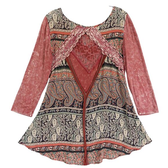 Gimmicks by BKE Boho Top Sz S Patchwork Crochet Paisley Lace Back Cutout - Picture 2 of 10